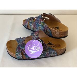 Plakton Leather Women's Flat Sandals Anatomic Flatforms Glitter Multi size 6 new